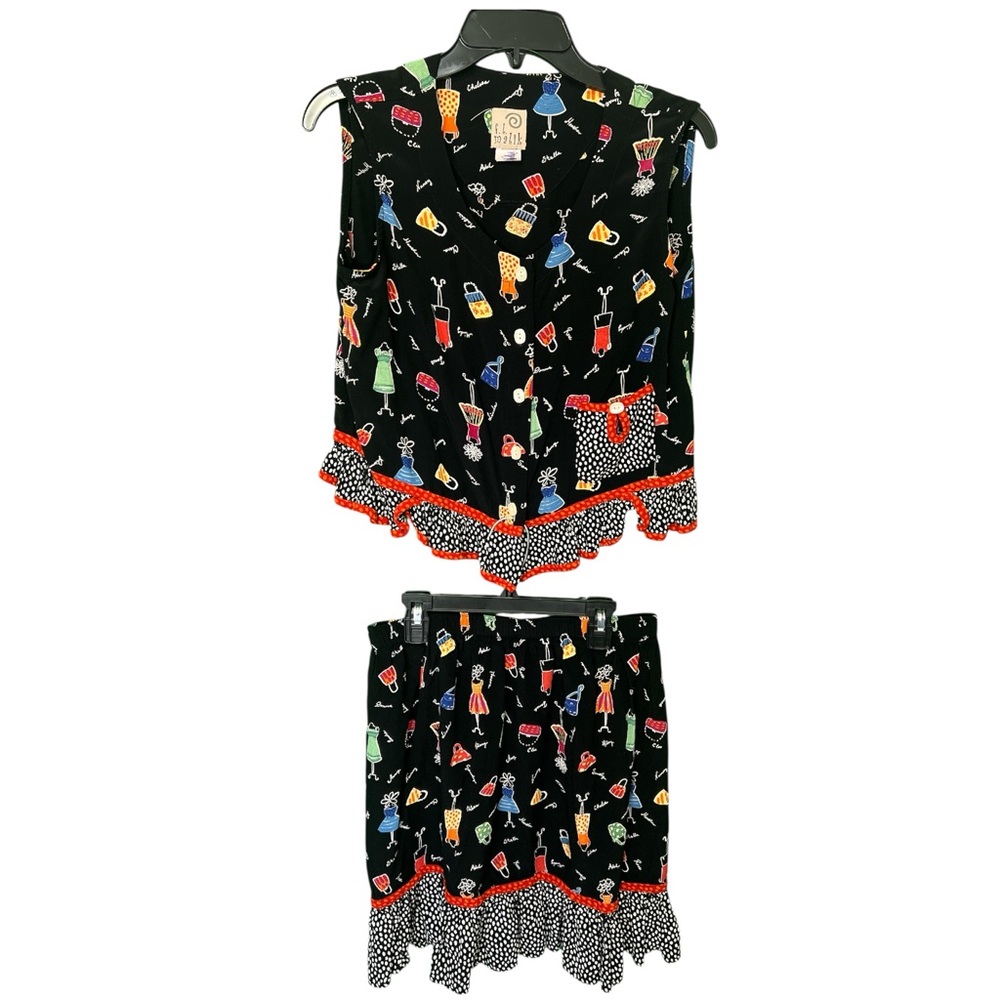 Vintage F.L. Malik Novelty Print 2-Piece Set Vest & Skirt Size M Whimsical Chic!